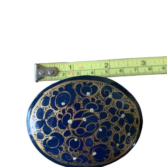 Vintage Oval Lacquer Trinket/Jewelry Box Blue Gold 2.5” - Picture 3 of 6